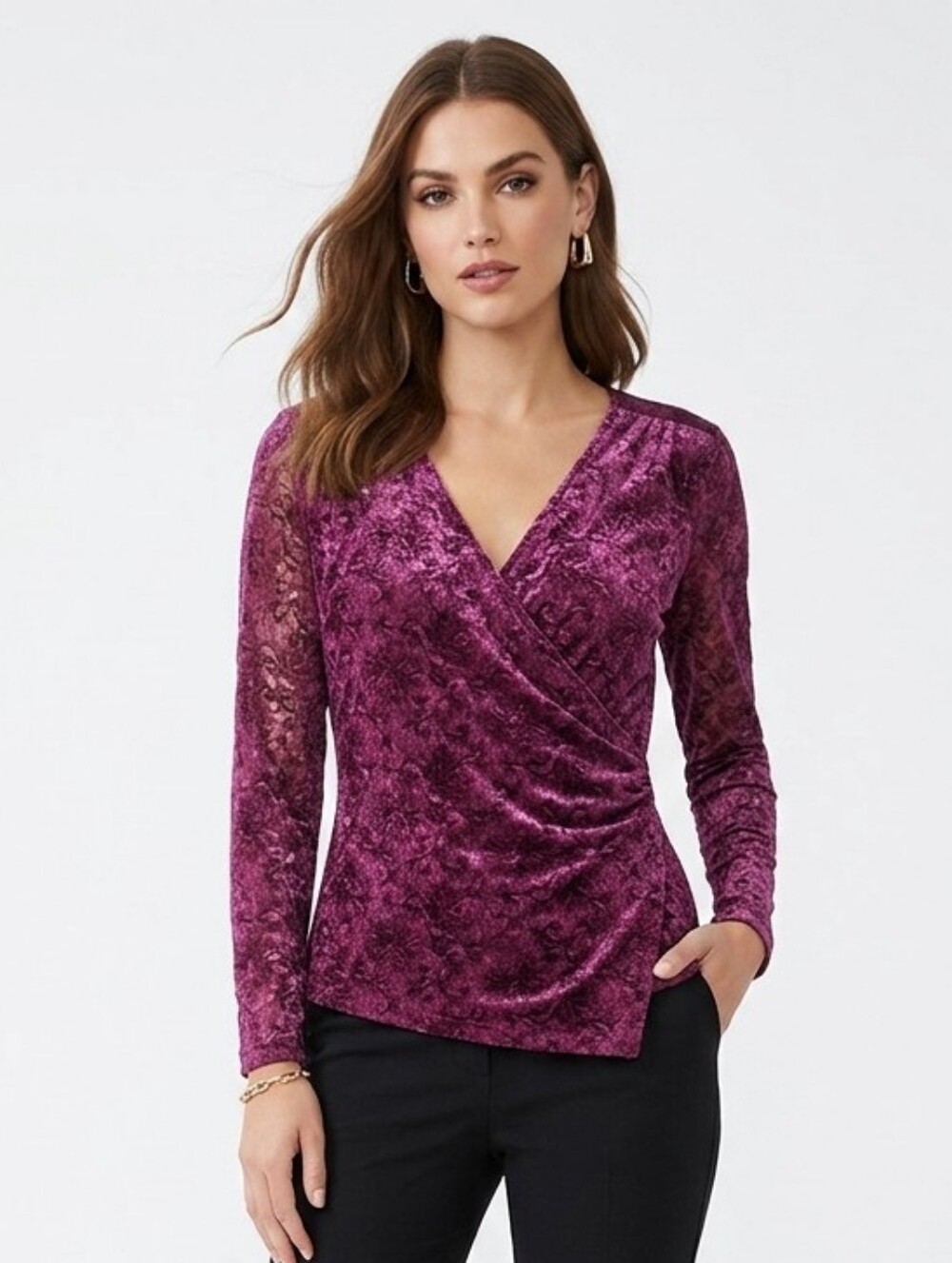 Alfani Lace Cross Over Blouse Pullover Low V Neck Top Dark Mauve XL
